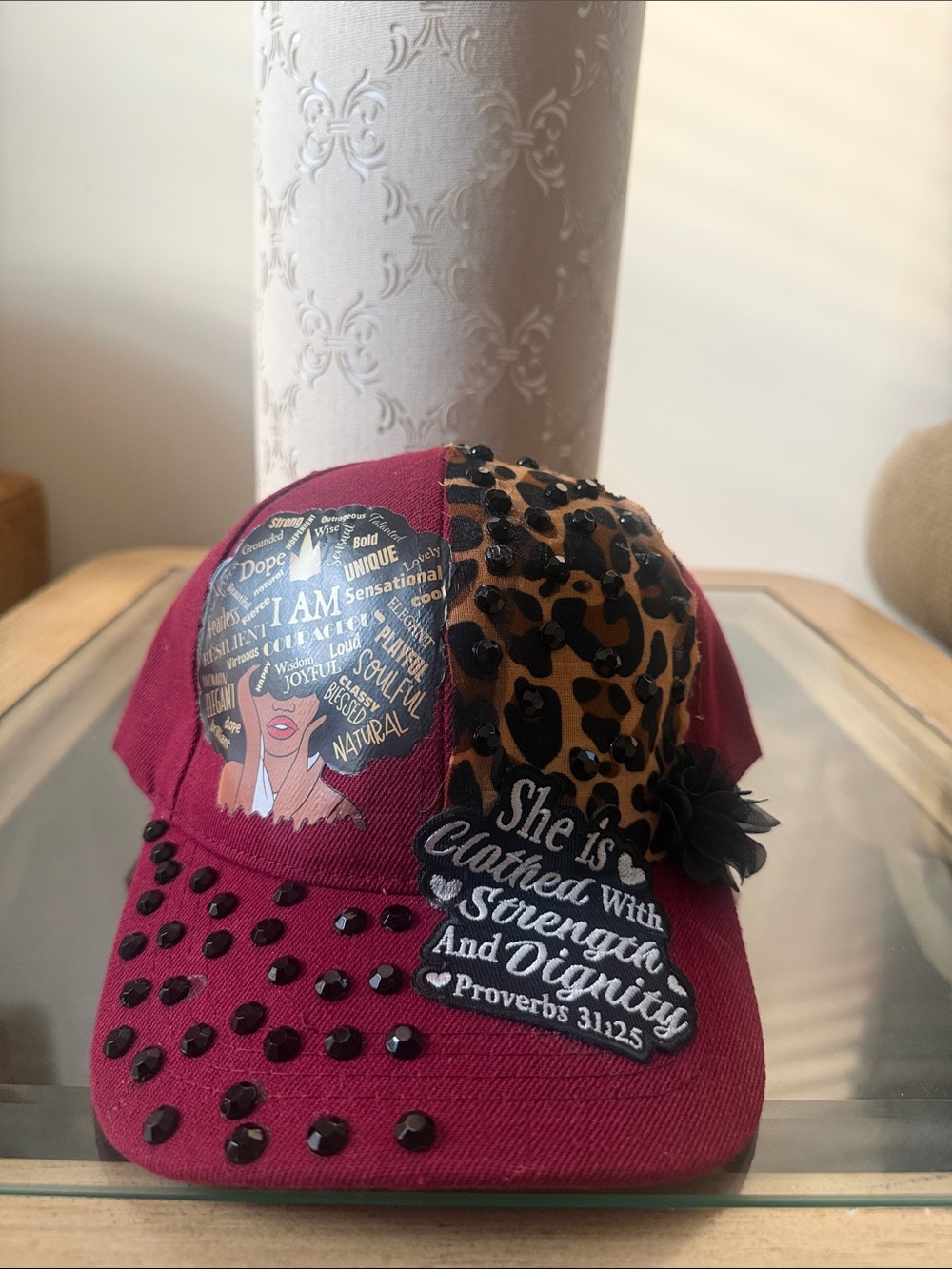 Women’s Burgundy Embellished Baseball Cap with Leopard Accent